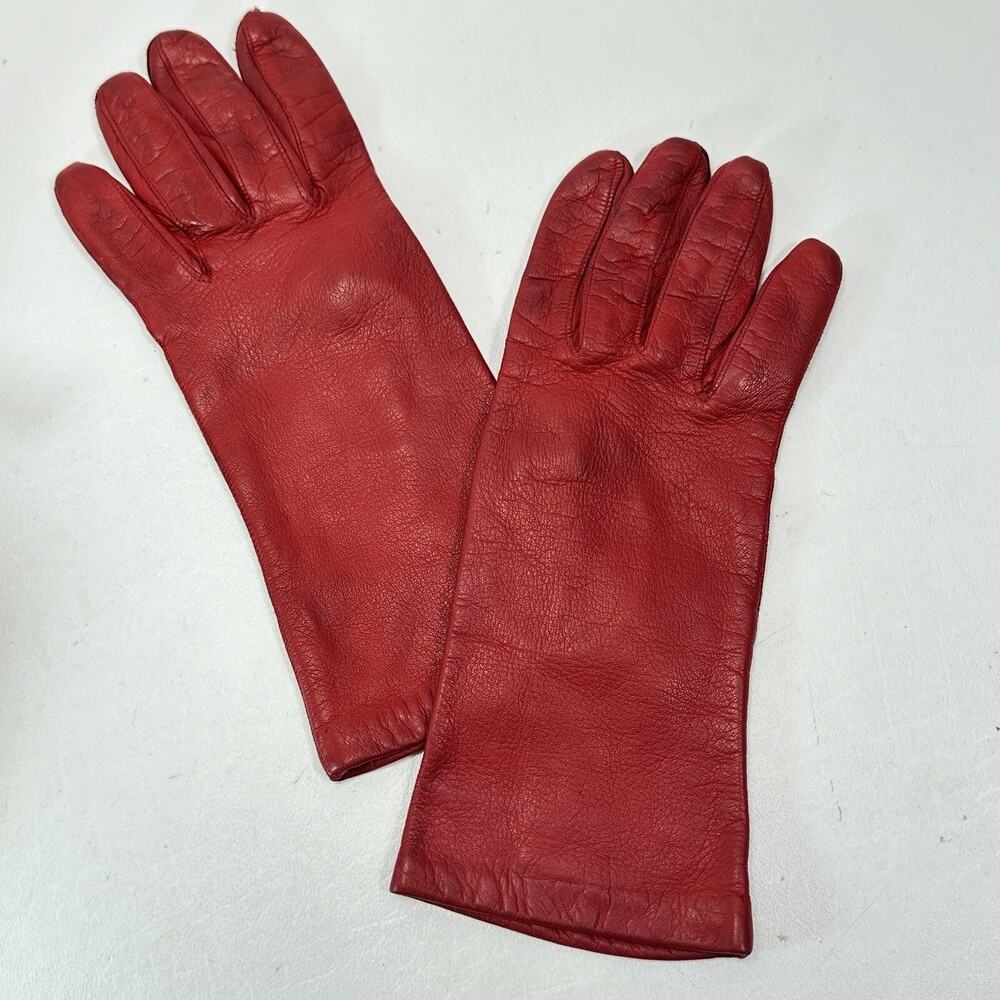 Liz Claiborne Leather Gloves Women 6.5 Lined Logo Red Past Wrist